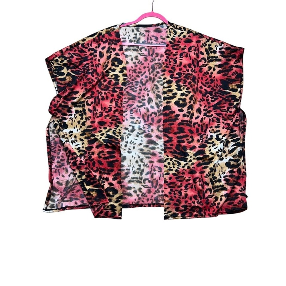 Womens Pink Red Leopard Animal Print Open Front Kimono Cardigan Cover Up OS